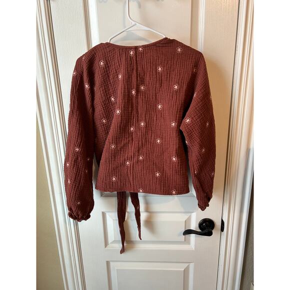 Madewell Brown and Light Pink with Embroidery, Wrap Top, Slub Cotton - Picture 2 of 9